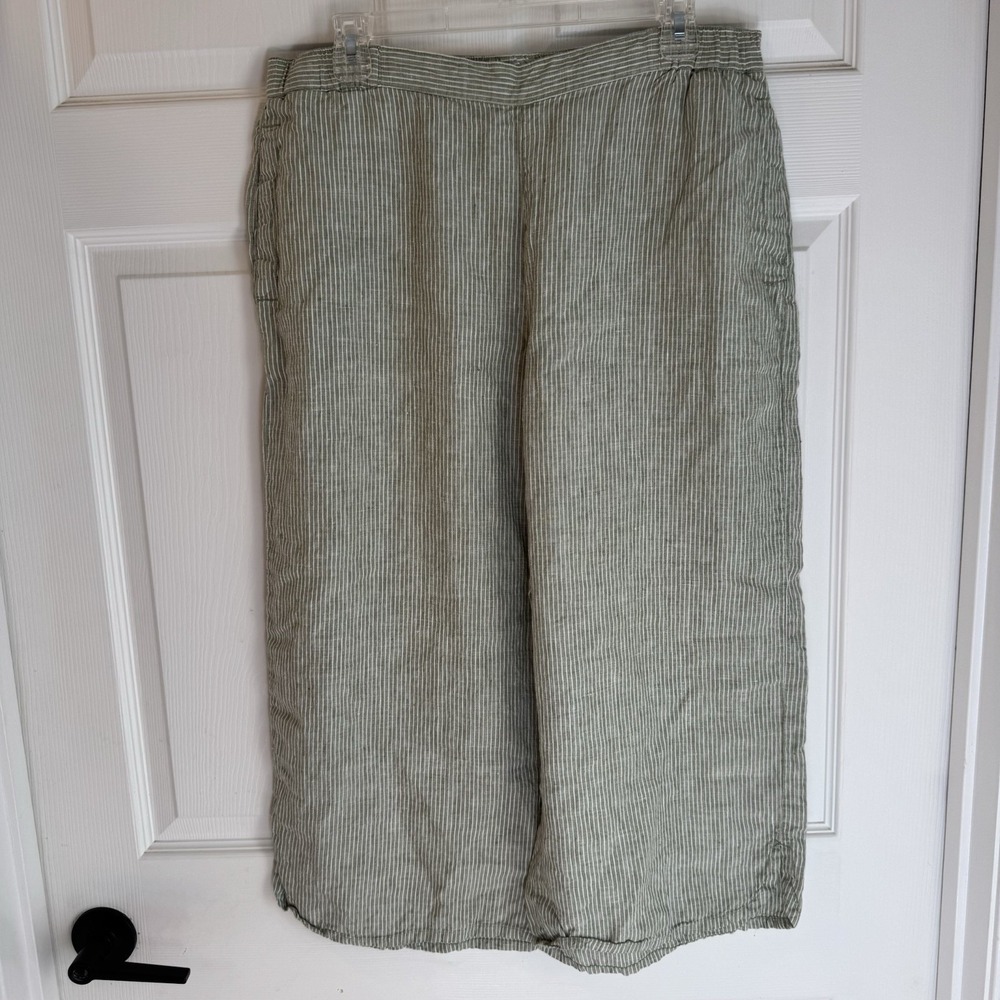 Coldwater Creek Cropped Linen Pants Sz M Green Striped Elastic Waist Pockets‎